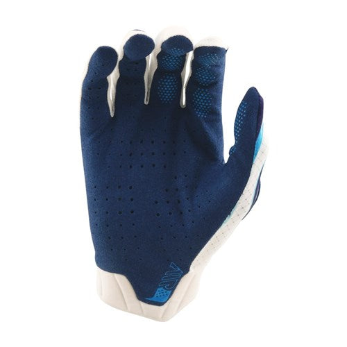 The TLD Air Glove Torched White / Blue features perforated fabric and textured fingertips, shown with the palm facing away from the camera.