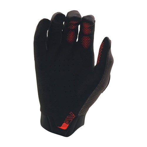 The TLD Air Glove Stripes Black / Multi features red grip accents on the fingertips and a red logo on the wrist—shown on a white background, these mountain bike gloves combine standout style with performance.