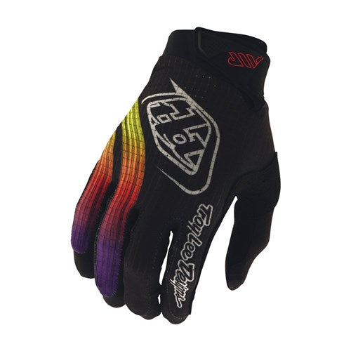 The TLD Air Glove Stripes Black / Multi features a black design with a white logo and rainbow gradient stripes on the fingers, ideal for mountain bike enthusiasts and shown against a plain white background.