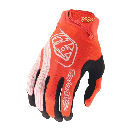 The TLD Air Glove Stripes Infra Red / Black features white text and logo on the back, is designed for the right hand, and offers stylish comfort—ideal mountain bike gloves.