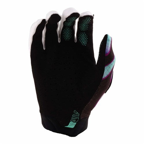 A single TLD 26.1 Air Glove (Youth) in Overspray Black/Real Teal, with touchscreen capability and colorful teal and purple accents, is displayed palm down on a white background.