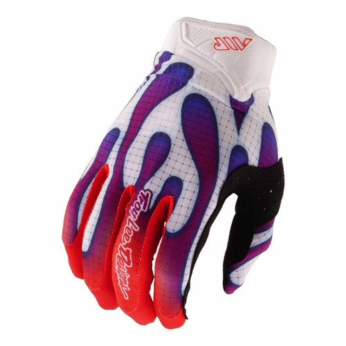 The TLD 26.1 Air Gloves (Youth) / Overspray White feature purple and red flames on white, a black ergonomic palm, "Troy Lee Designs" logo on top, and touchscreen compatibility for bold youth performance and style.