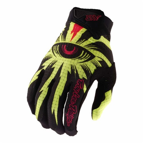 The TLD 26.1 Air Gloves (Youth) in Cyclops Black/Flo Yellow feature neon yellow eye graphics, "Troy Lee Designs" pink text on the fingers, and an ergonomic fit for comfortable mountain bike rides.