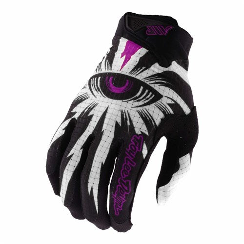 The TLD 26.1 Air Gloves (Youth) in Cyclops Black/Fuchsia feature a black and white design with a purple eye graphic and "Troy Lee Designs" in purple, plus an ergonomic fit for comfort.