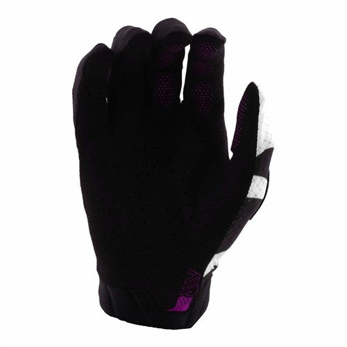 The TLD 26.1 Air Gloves (Youth) in Cyclops Black/Fuchsia feature an ergonomic fit, black base, purple accents, and a white section on the index finger, shown with the palm facing away.