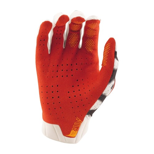 The TLD Air Glove Membrane White / Infra Red features top perforations and orange grip dots on the fingers—ideal mountain bike gloves for superior comfort and control.