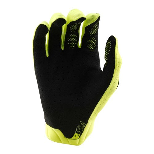 The TLD 26.1 Air Gloves (Youth) in Flo Yellow feature a perforated palm, ergonomic fit for comfort, and grip patterns on the fingers.