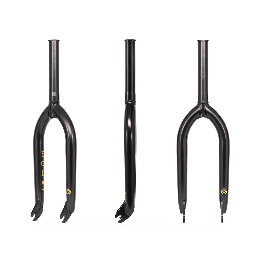 Three views of the Eclat Storm XLT Fork—a black BMX fork made from strong 4130 Chromoly and featuring straight steerer tubes and dropout slots—are displayed from front, side, and angled perspectives against a white background.