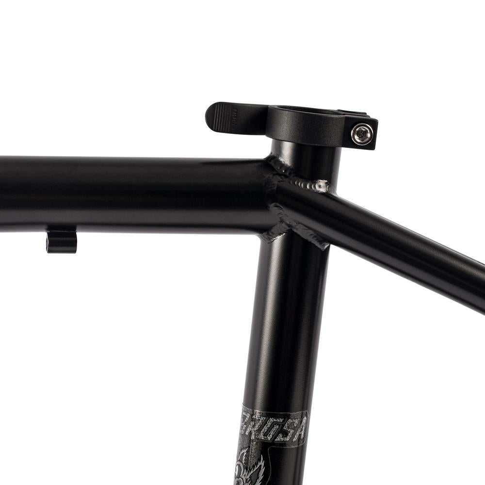 Close-up of the Subrosa Speedwolf V2 Race Frame in black, showcasing the top tube, seat tube, and seatpost clamp—ideal for BMX racing enthusiasts.