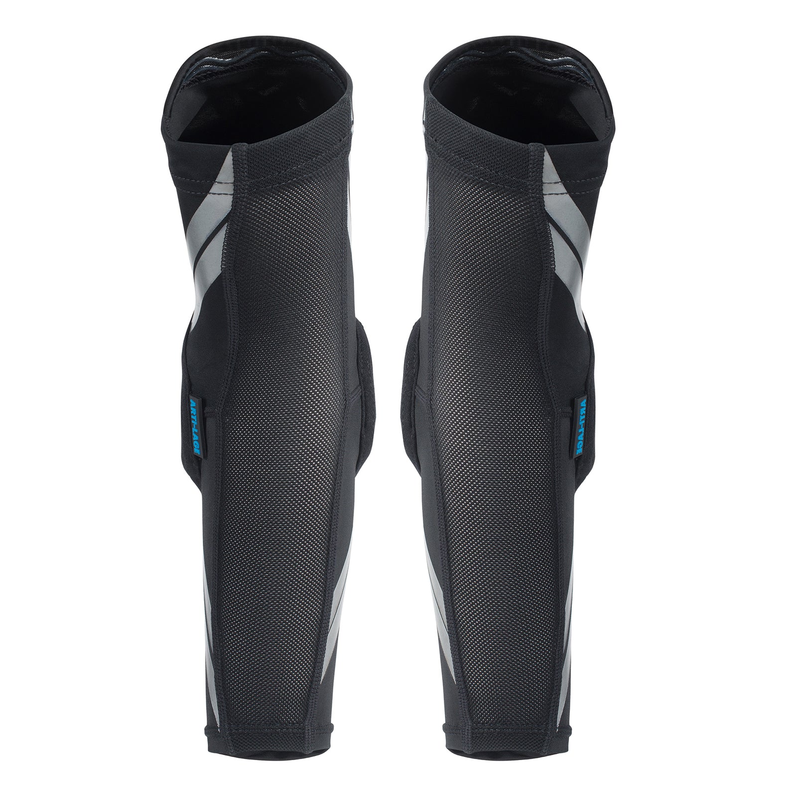The TSG Elbow-Sleeve Dermis A, shown in black with reflective silver stripes and blue labels, is displayed side by side against a white background—compact protective sleeves ideal for adventurous activities.