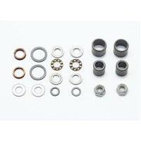 HT Components Pedal Rebuild Kit (X2, AE06, AE12) bearings, washers, and bushings arranged in rows on a white background.
