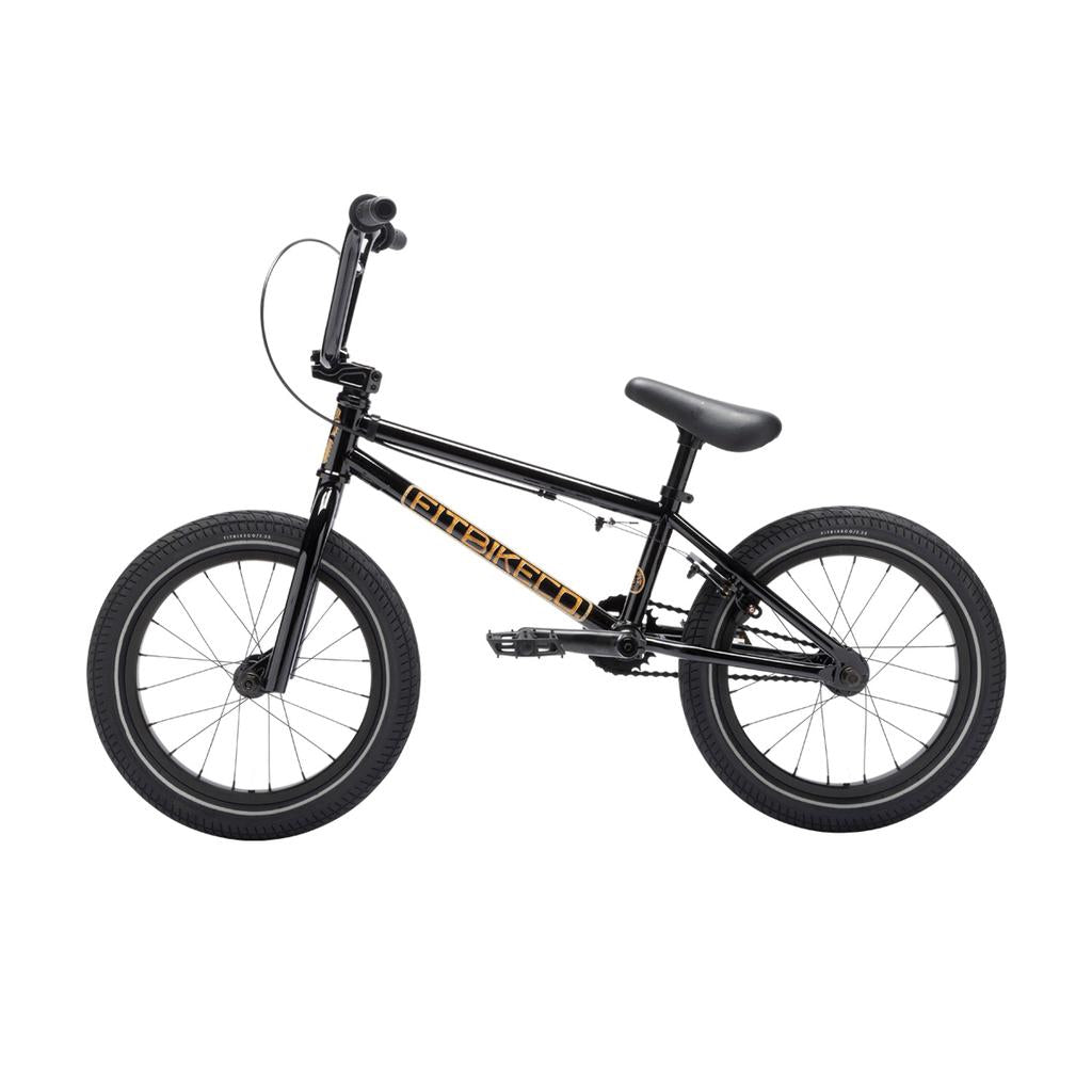 A Fit Bike Co Misfit 16, a black kids' BMX bike with thick tires, small frame, upright handlebars, and sealed integrated headset, is shown in profile against a white background.