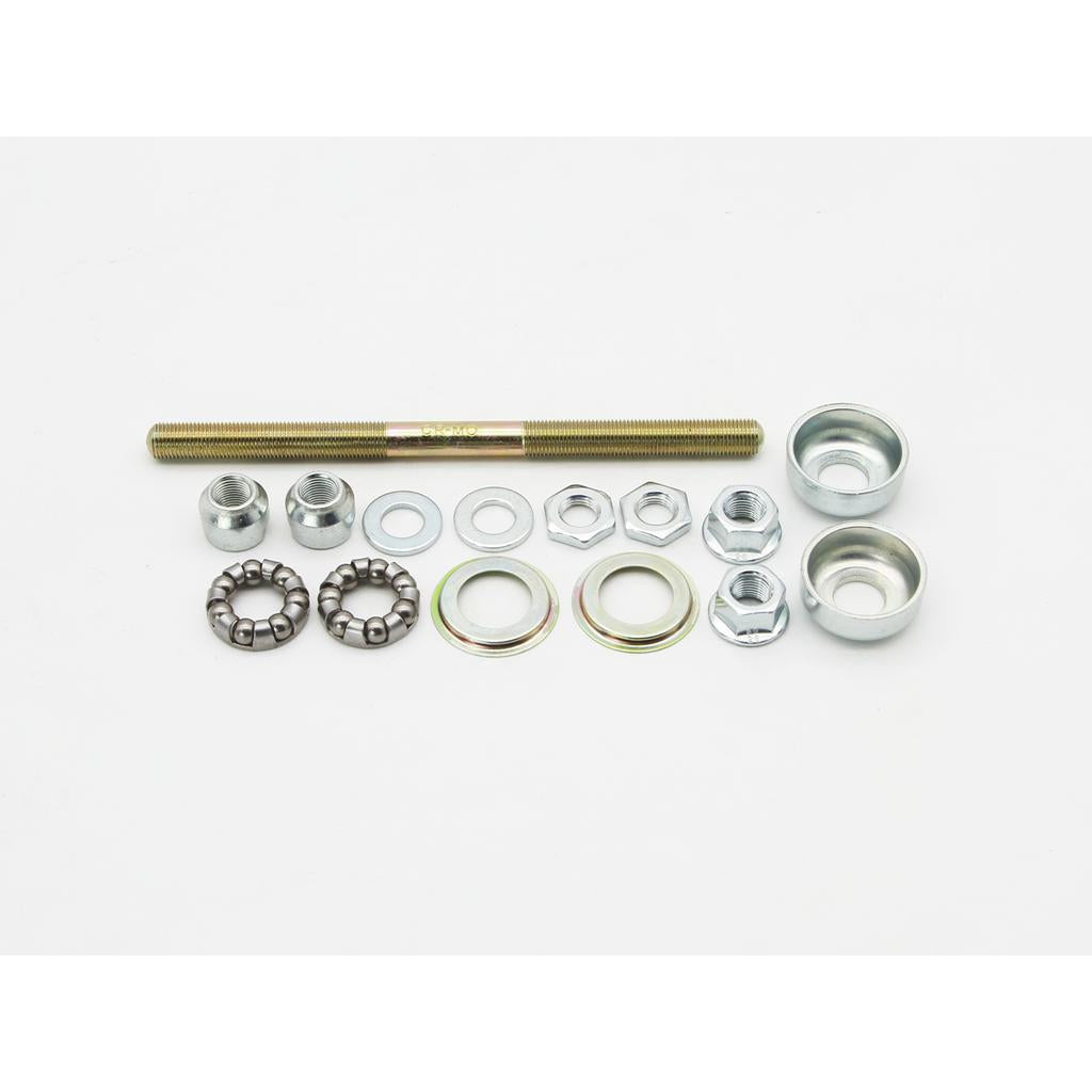 The SKYWAY Axle Kit Loose Ball includes assorted metal hardware like a threaded rod, nuts, washers, ball bearings, and bearing cups—ideal for Tuff wheel axle replacement—shown arranged on a white background.