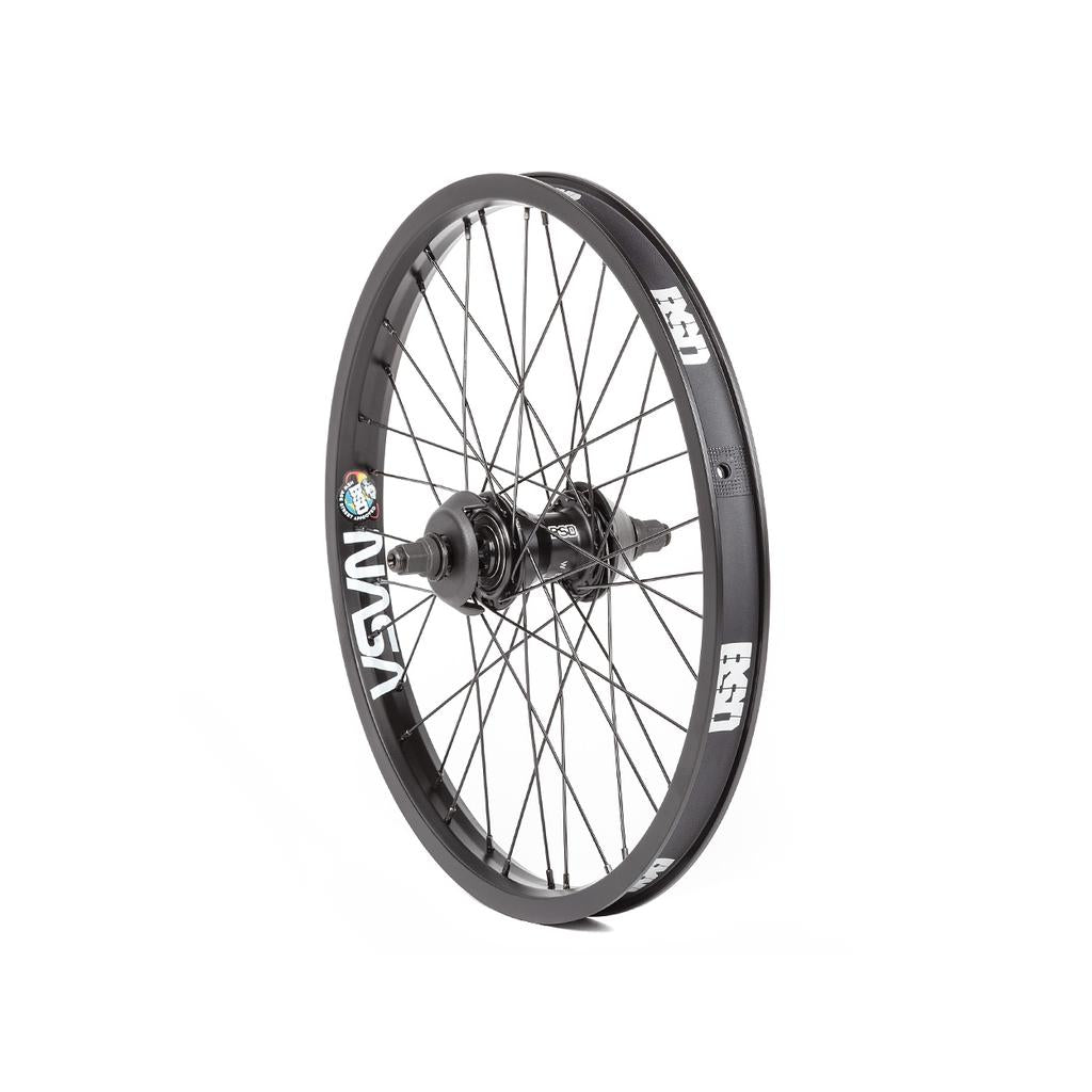 The BSD Mind (NASA/West Coaster) Rear Wheel is a black BMX wheel with multiple spokes, a BSD West Coaster hub, and white "BSD" and "NASA" branding on the rim, shown on a white background.