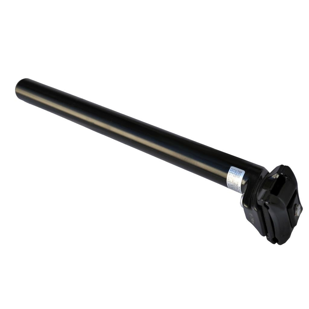 A DRS Micro Adjust Seat Post in black metal with a mounting flange and a label near one end, featuring a finish similar to BMX racing seat posts, isolated on a white background.