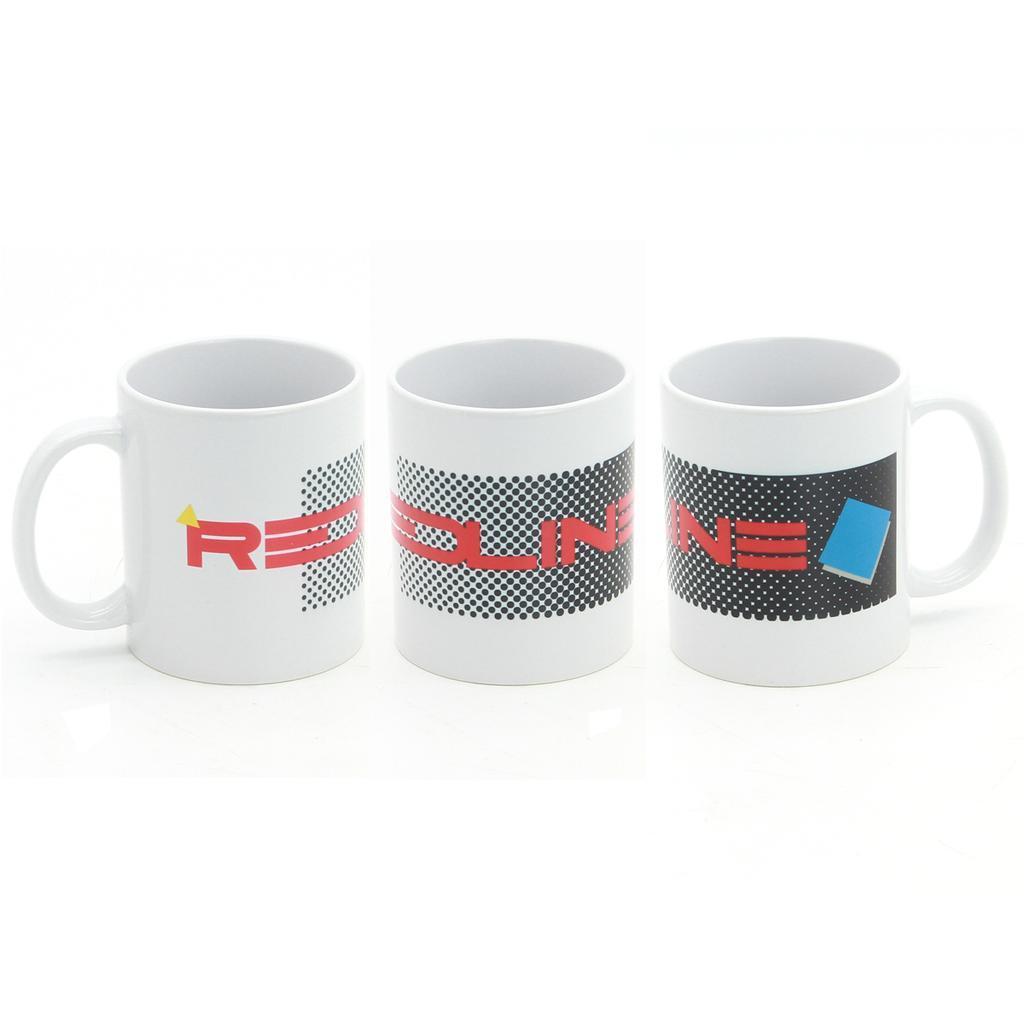 Three Redline RL20II Coffee Mugs (12oz each) are displayed side by side, featuring a black dotted design and "REDLINE" in bold red letters with yellow and blue geometric accents.