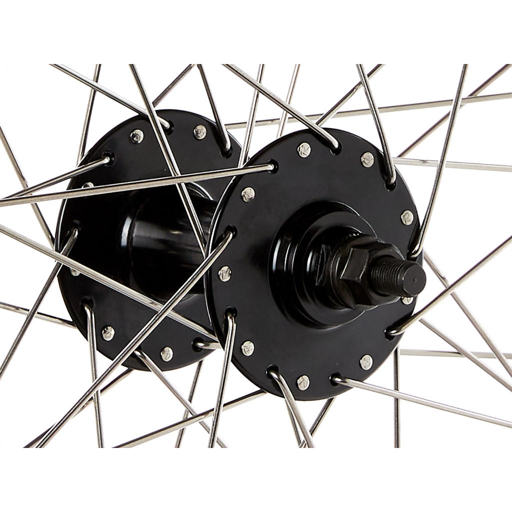 Close-up of the S&M Covid 26 Inch Wheel Set, featuring a black flip-flop hub with metal spokes and axle bolt, paired with strong 26" double wall rims.