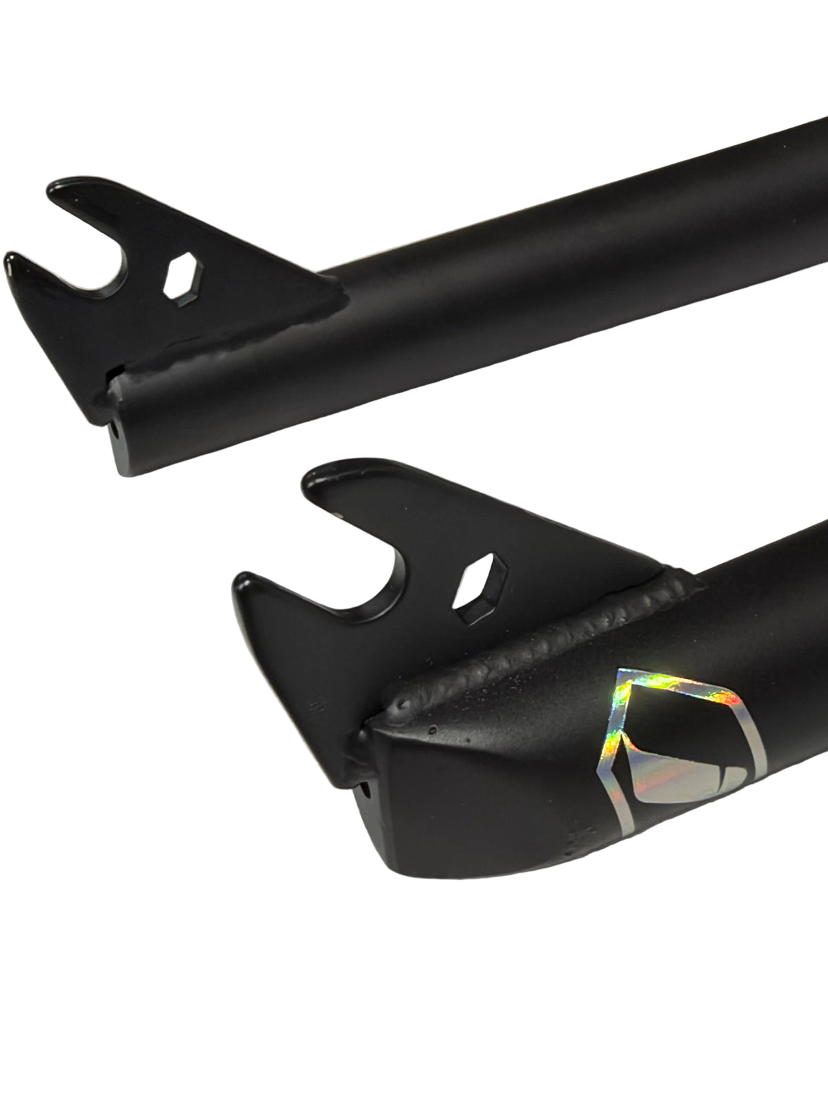 Black Inspyre Evo OEM Chromoly 24 inch 10mm Race forks showing the dropouts and a small iridescent logo.