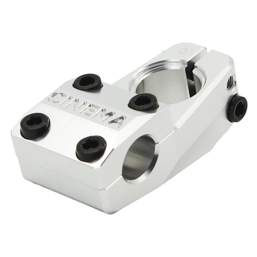 The Cinema Analog High Top Load Stem is a silver BMX stem, CNC machined from 6061-T6 aluminum, featuring black bolts and "CINEMA" engraved on the top.
