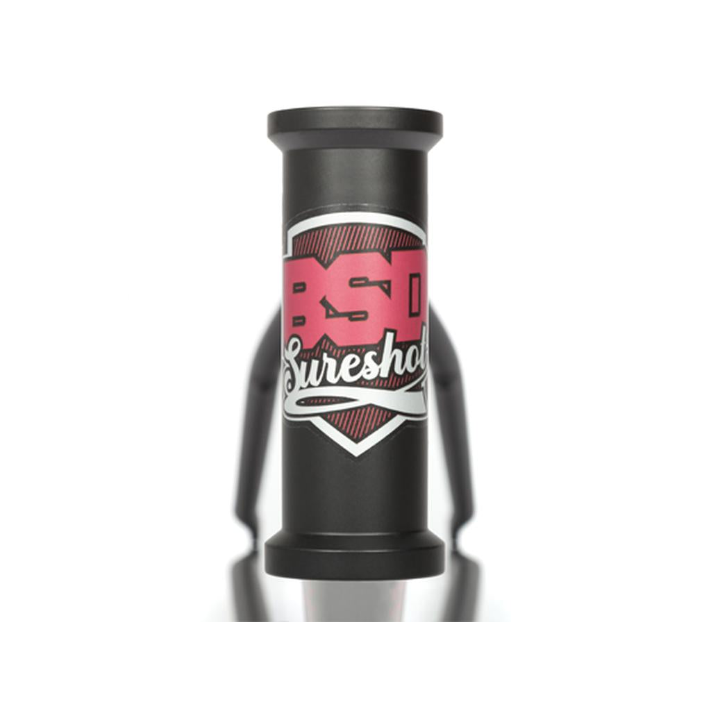 Close-up of the BSD Sureshot Frame’s black head tube with a red and white decal, showcasing its versatile all-round BMX frame design and removable brake mounts.