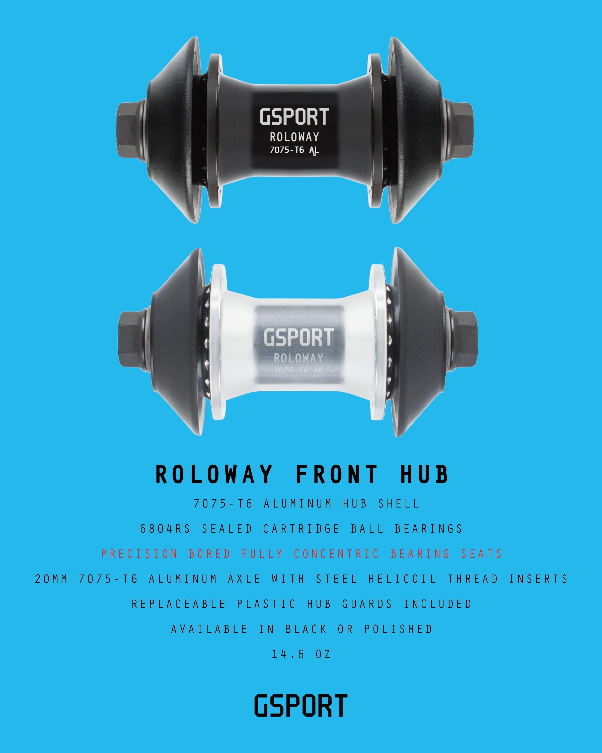 Two G-Sport Roloway Front Hubs—one in black and one in silver—crafted from durable 7075-T6 aluminum and compatible with plastic hub guards, are displayed above the product specifications on a blue background.