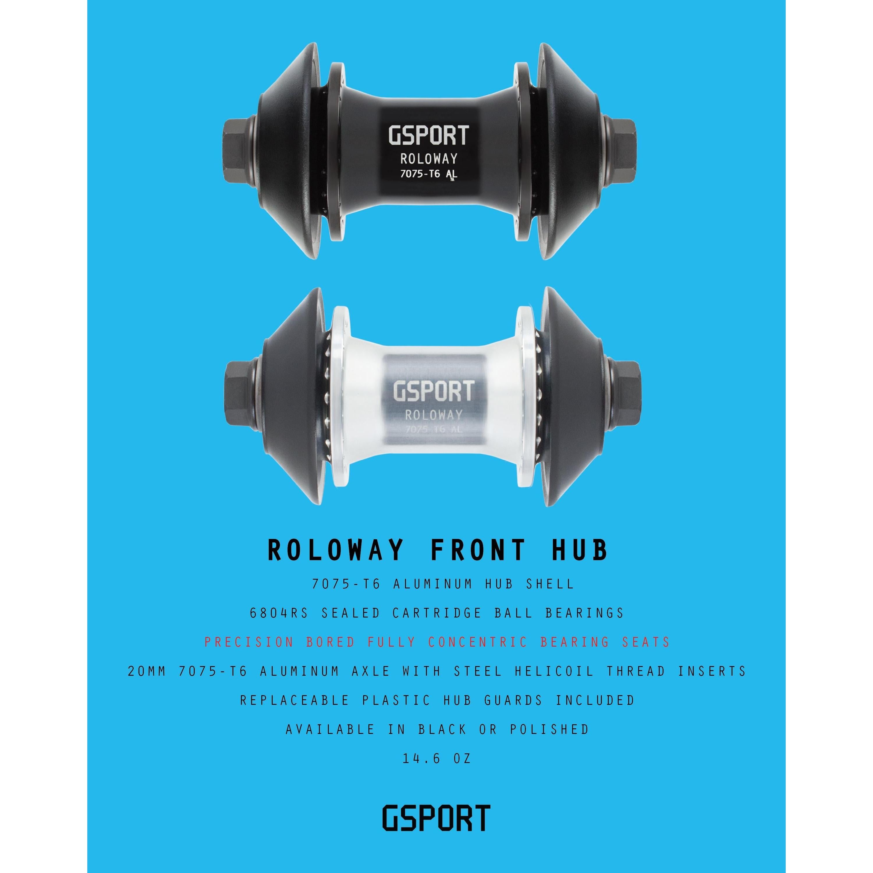 Two G-Sport Roloway Front Hubs—one in black and one in silver—crafted from durable 7075-T6 aluminum and compatible with plastic hub guards, are displayed above the product specifications on a blue background.