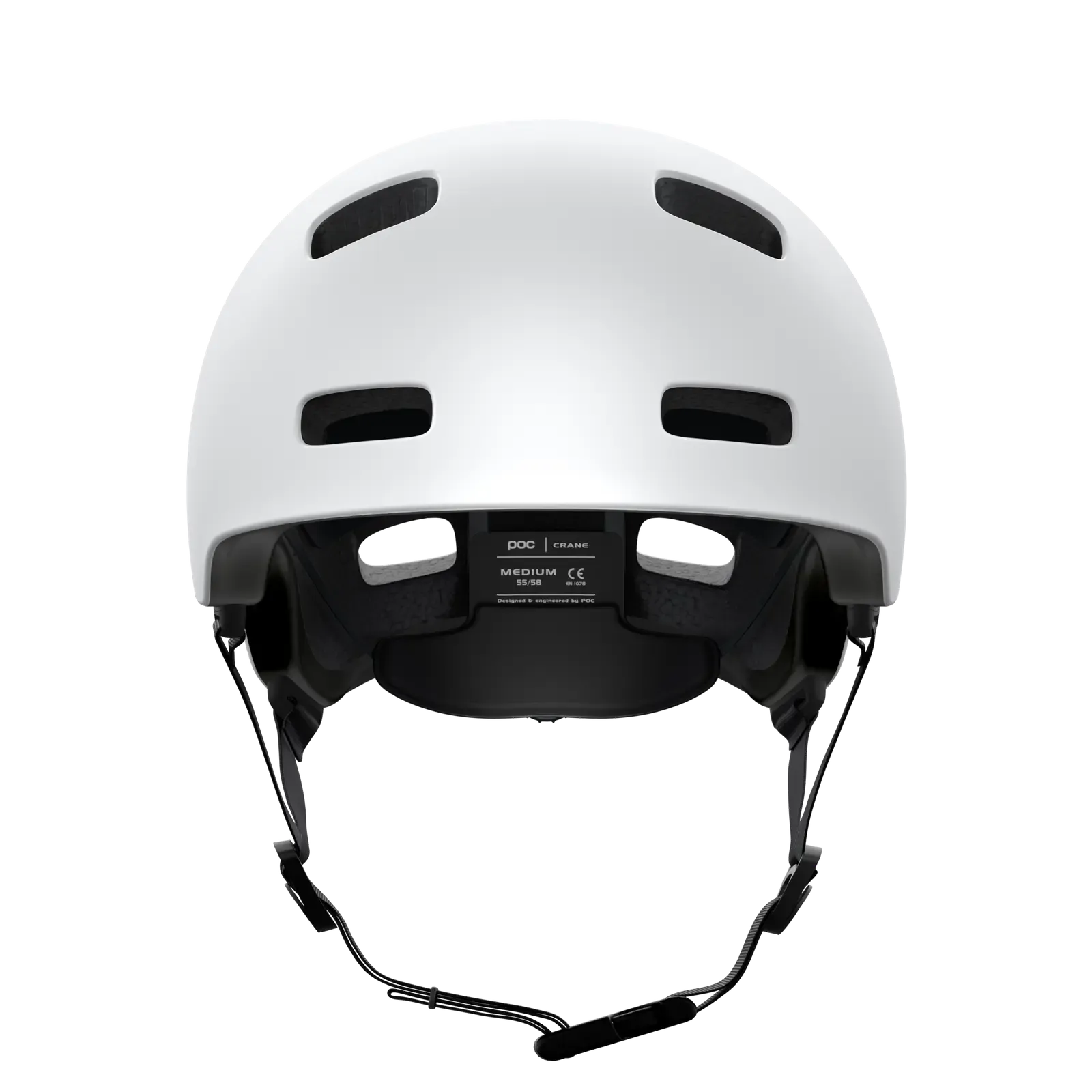 The POC Crane MIPS Helmet in Matte White, shown from the front, features multiple ventilation holes, an adjustable chin strap, and a dual-density liner for improved protection against rotational impacts.