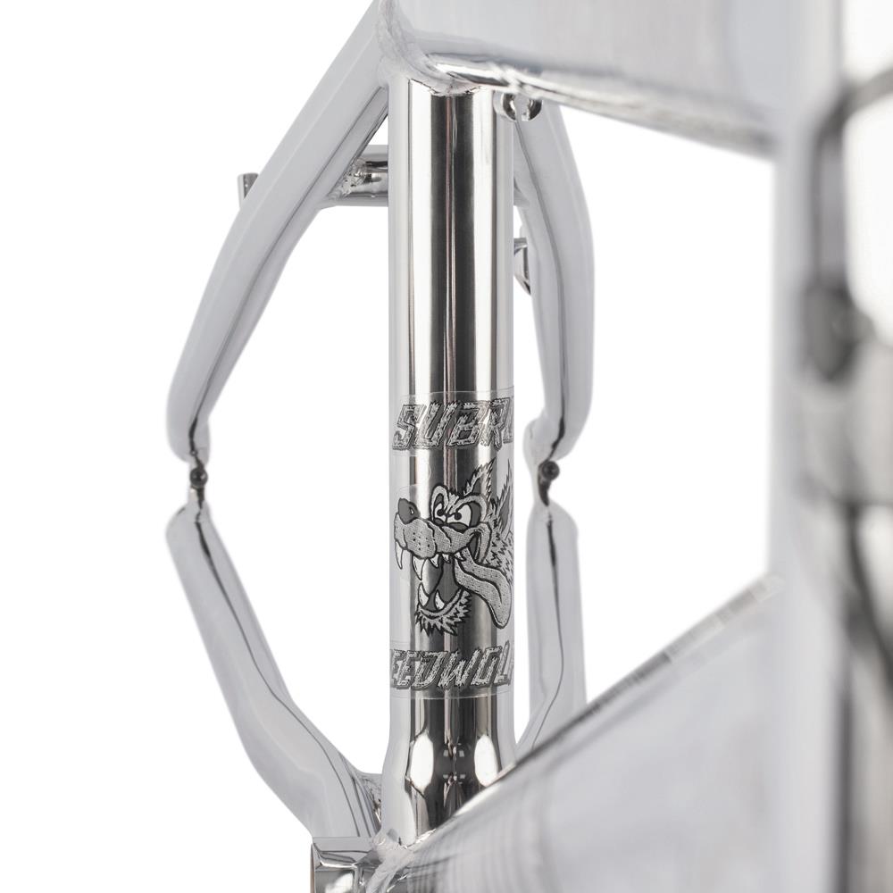 Close-up of a shiny silver Subrosa Speedwolf V2 Race Frame with a cartoon dragon logo and "SILVER DRAGON" engraved on the front—ideal for BMX racing fans.