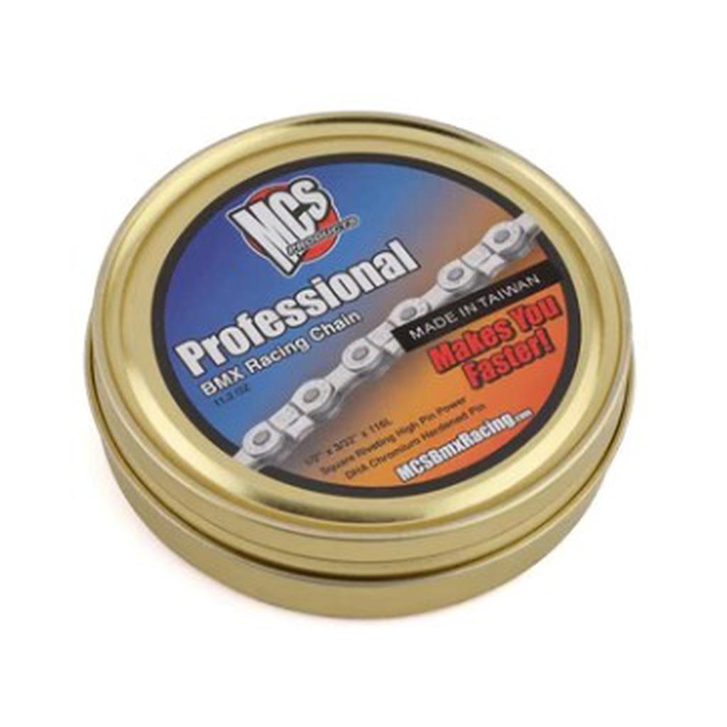 Round gold tin labeled "MCS Professional Chain (1/2 x 3/32 Inch)" features product details and promo text, emphasizing the durability of this pro BMX chain. Displayed against a white background.