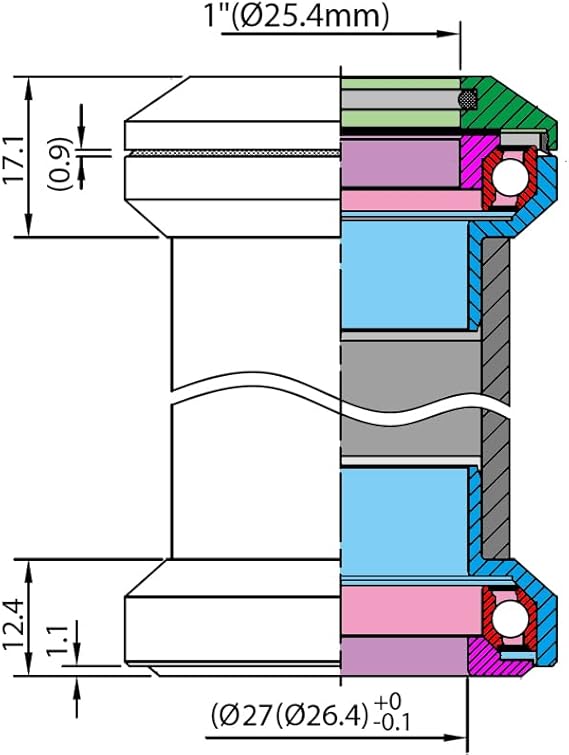 Technical cross-sectional diagram of the Neco Push-In 1-1/8 Headset, showing colored internal parts, annotated dimensions, and tolerances in both millimeters and inches.