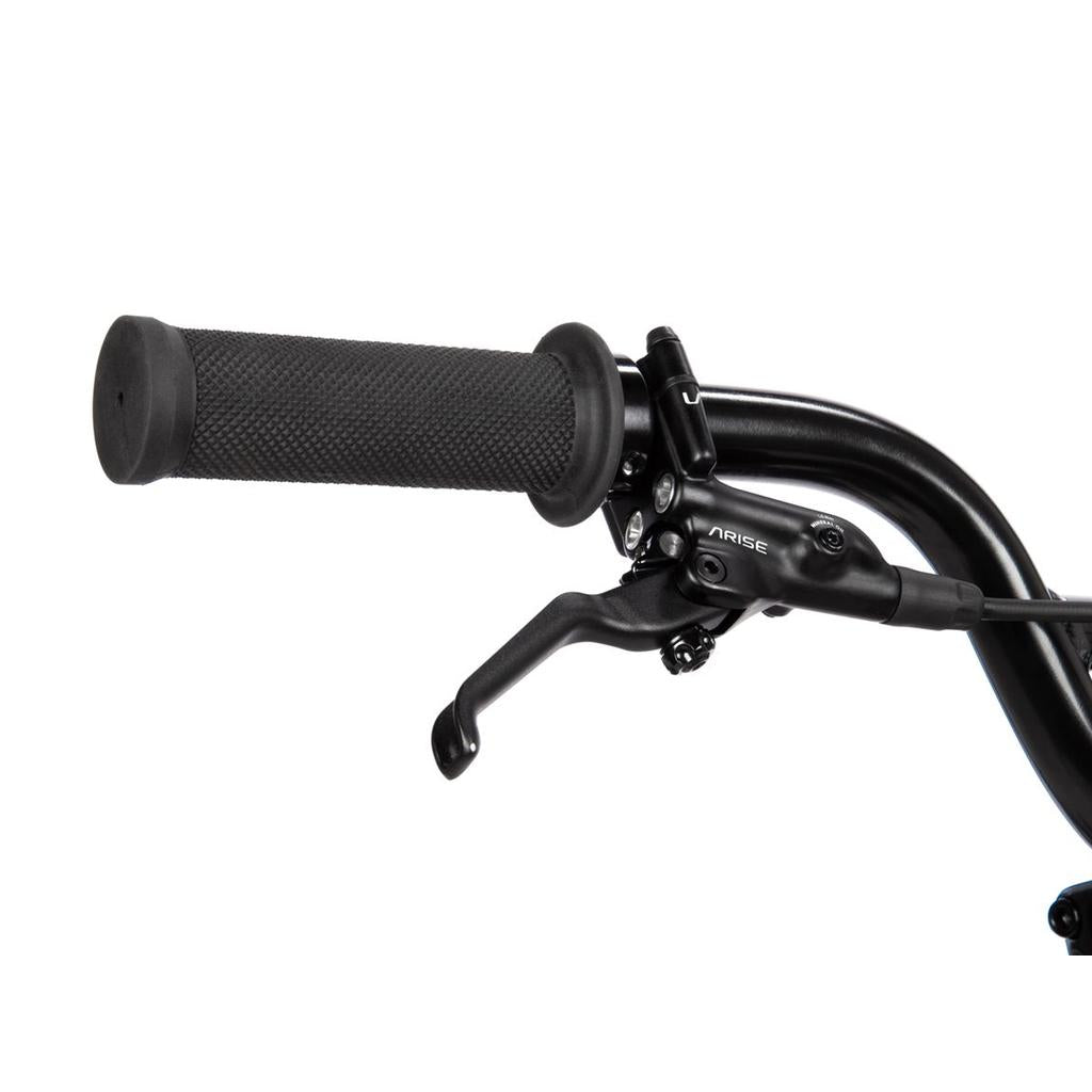 Close-up of a black BMX race bike handlebar with a textured rubber grip and a brake lever labeled "ARISE," highlighting the attention to detail found on the Radio Xenon Junior Disc 20 Inch Bike, which comes equipped with features like hydroformed 6061-T6 alloy frames and Tioga Power Block tyres.