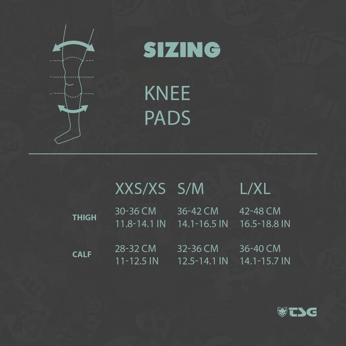 TSG Knee-Sleeve / Dermis A sizing chart with thigh and calf measurements (cm/in) for XXS/XS, S/M, and L/XL—find your ideal fit and enjoy lightweight, comfortable knee protection with these sleeves.