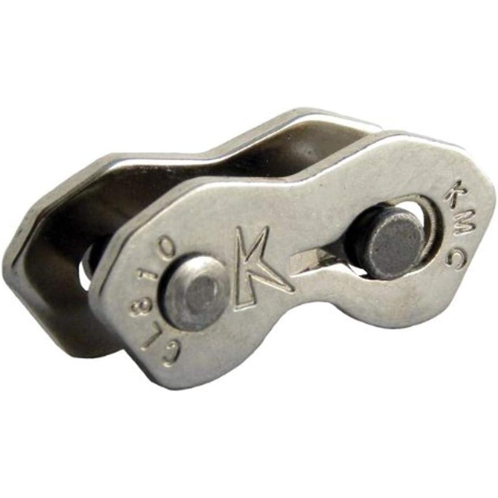 A close-up of the KMC Connecting Link CL810, a metallic bicycle chain quick link engraved with "KMC" and "CL810" on the side.
