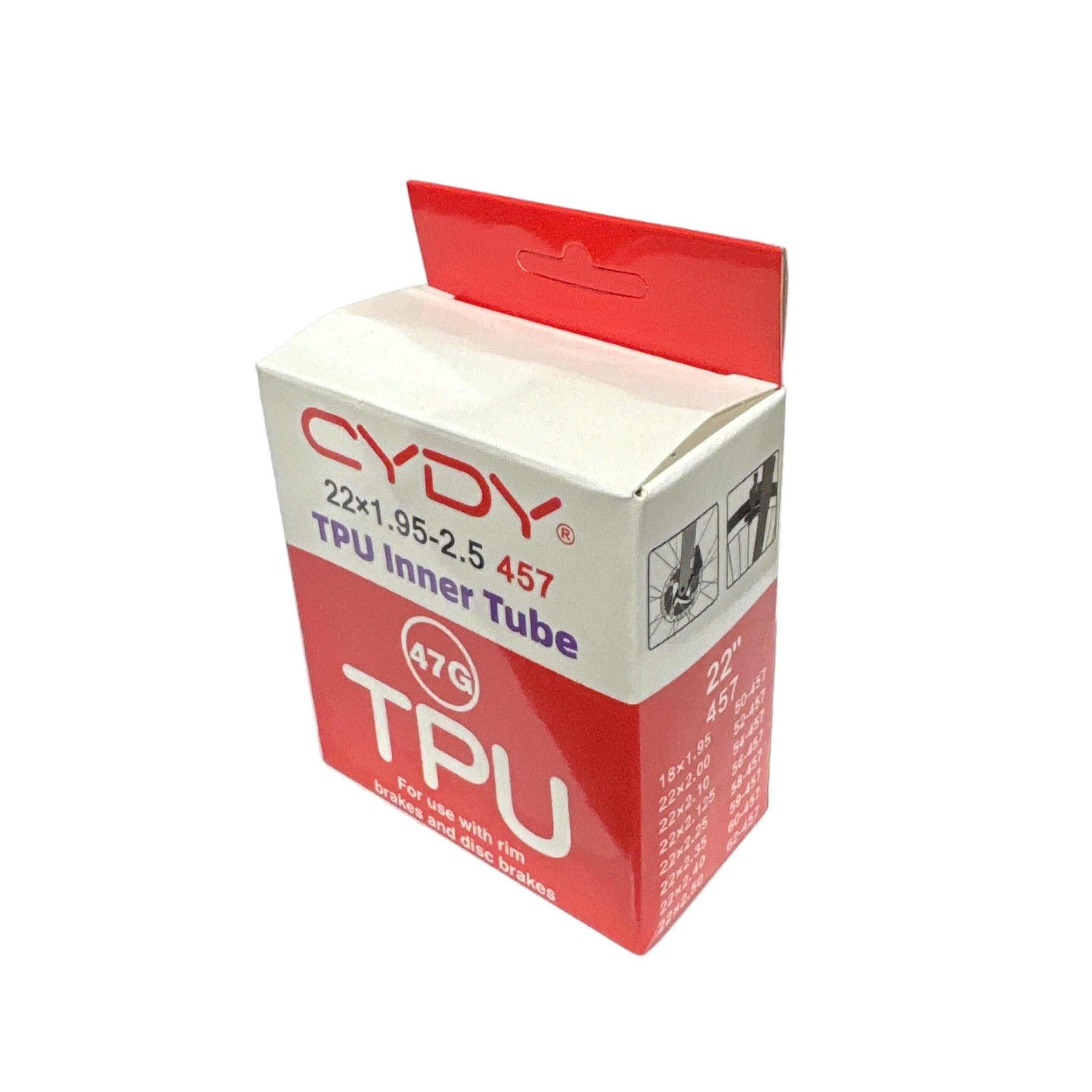 A white and red box labeled "CYDY TPU 22 Inch Inner Tube Presta Valve" displays product details and illustrations, emphasizing its ultra-light design and Presta valve for improved bike performance.