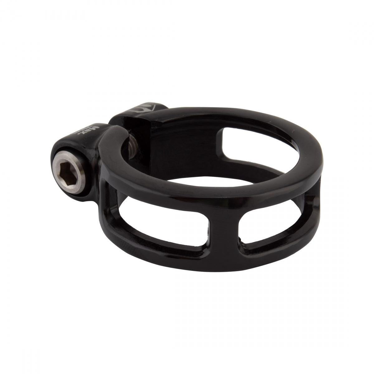 The Box One Seat Clamp is a black metal clamp made from durable 6061-T6 aluminum, featuring a hex bolt for secure tightening, shown against a white background.
