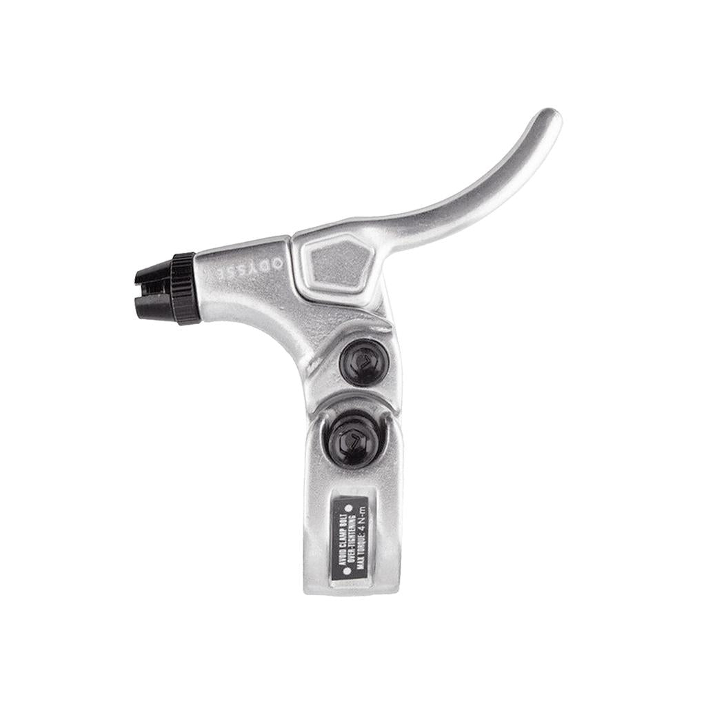 The Odyssey Monolever Short Lever is a silver BMX brake lever featuring a hinged clamp, two mounting bolts, and a black adjustment knob, shown from the side on a white background.