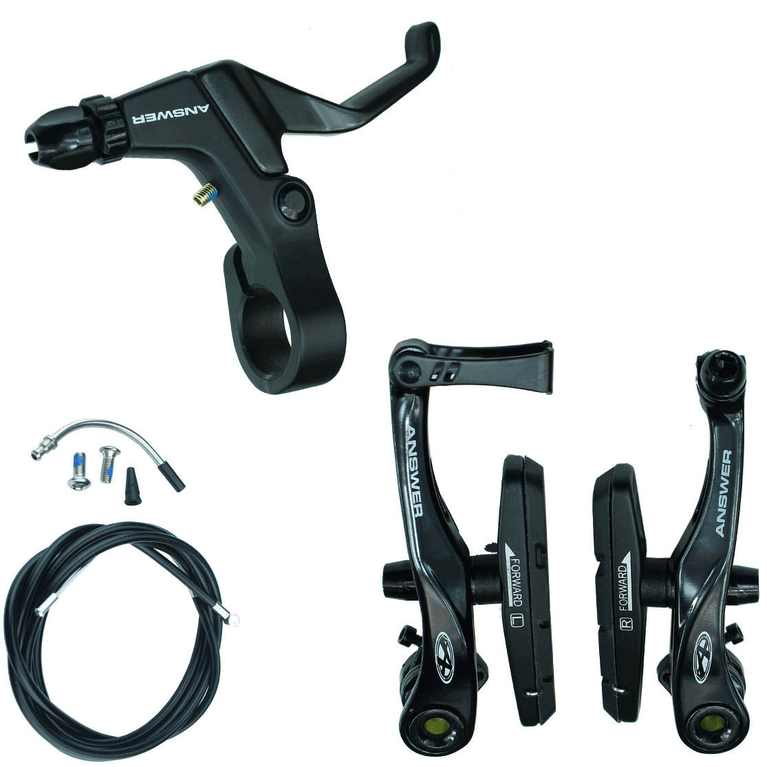 A set of Answer Mini V-Brake Kit bicycle brake components including levers, calipers, threaded brake pads, and cables on a white background.