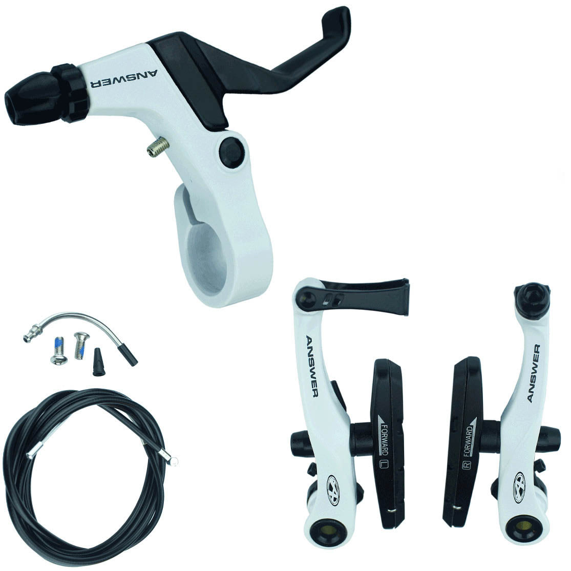 Sentence with product name: Answer Mini V-Brake Kit including a lever, cables, and forged aluminum brake arms, isolated on a white background.