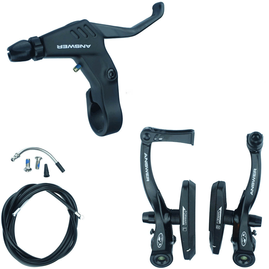 Answer Pro V-Brake Kit brake components including levers, calipers, pads, cables, and BMX V-brakes isolated on a white background.