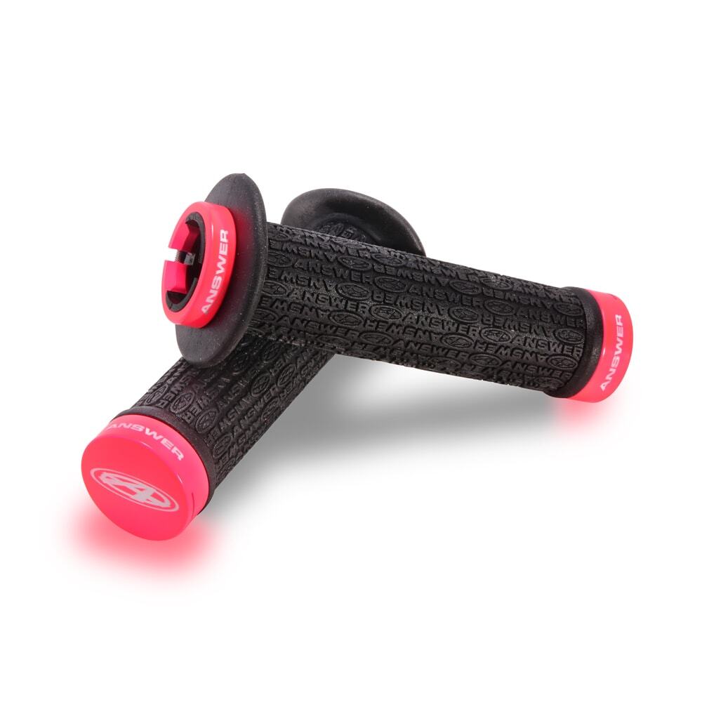 A pair of black and pink Answer Pro Lock-On Flanged grips on a white background.