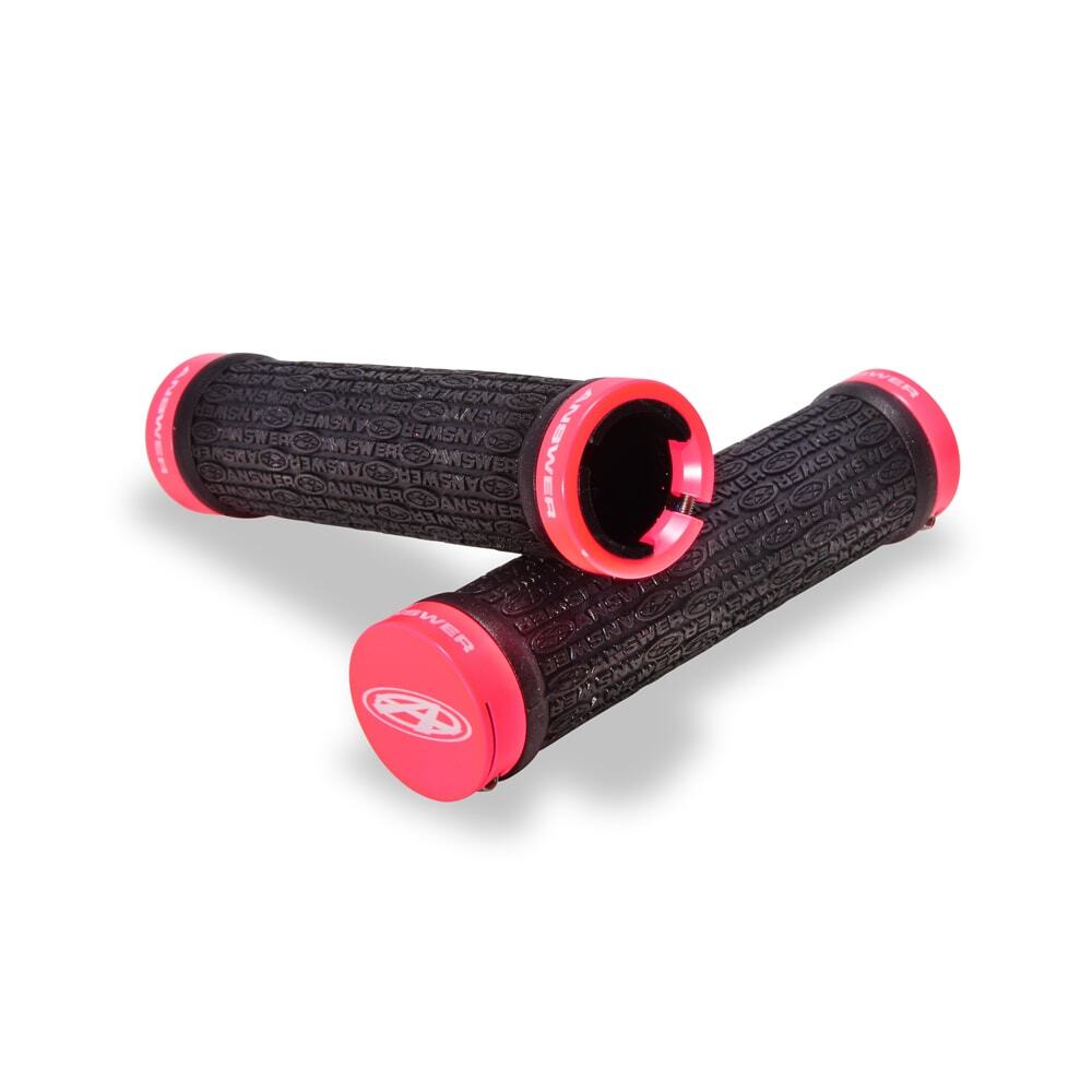 A pair of black and pink Answer Mini Lock-On Flangless Grips on a white background.