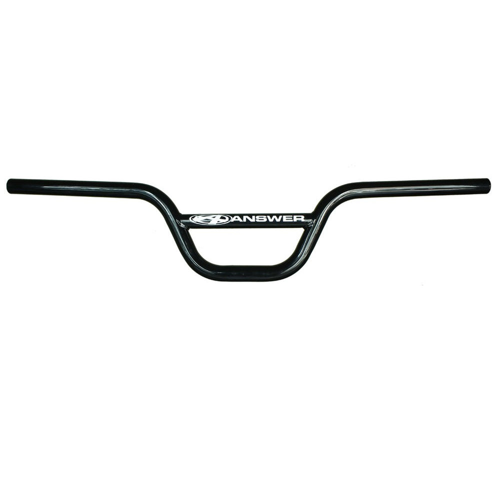 Black BMX cruiser handlebars with the Answer CrMo Cruiser Race Flat Bar logo in the center, isolated on a white background.