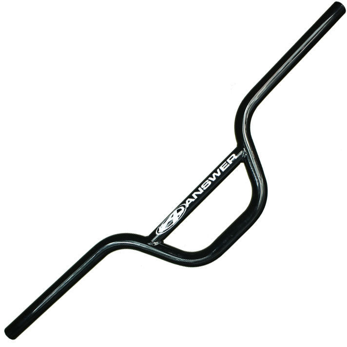 Answer CrMo Cruiser Race Flat Bar in black with a "dan's comp" logo in the center, crafted from 4130 chromoly tubing, isolated on a white background.