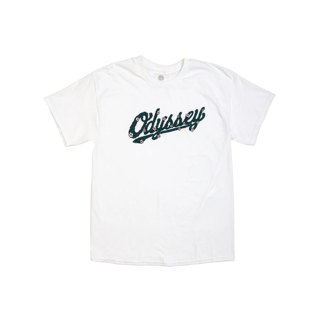 The Odyssey Slugger Shrub T-Shirt is a plain white tee with "Odyssey" in a floral script font across the chest—ideal for your Spring and Summer collection.