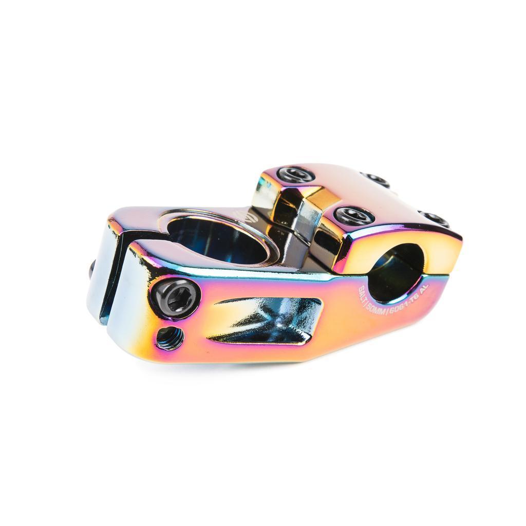 The Salt Am V2 Top Load Stem (22.2mm Clamp) is a metallic, iridescent BMX stem made from durable 6061 T6 alloy, featuring black hex bolts and shark tooth clamping, shown against a white background.