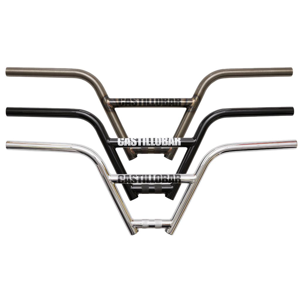 Four S&M Castillo (Brian Castillo) 4 Piece BMX handlebars, made in the USA, are stacked horizontally in raw, black, and chrome finishes—each marked "CASTILLOBAR.