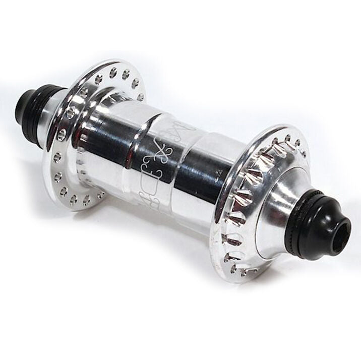 The Madera Pilot V2 Front Hub, featuring a polished silver finish, black end caps, and multiple spoke holes on each flange, is shown against a white background.