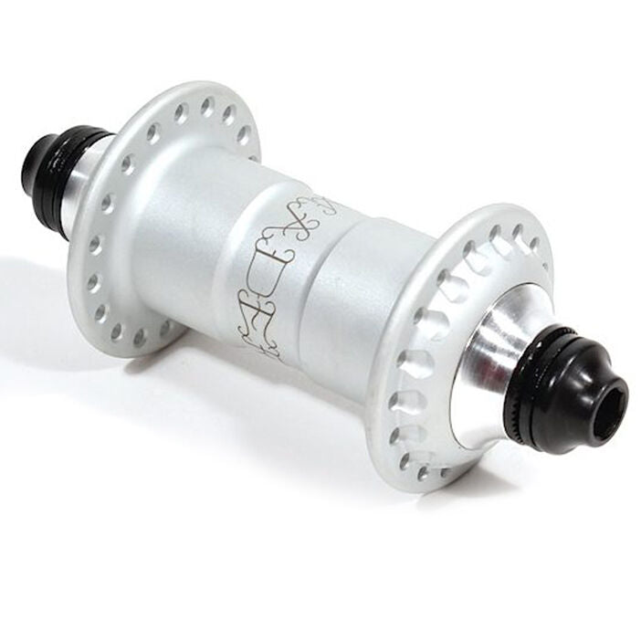 The Madera Pilot V2 Front Hub features flanges for spokes, black axle ends, and comes in silver. Shown on a white background.