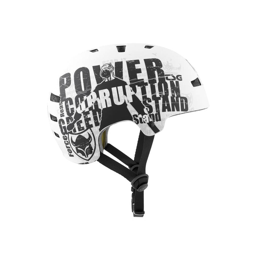 The TSG Evolution Helmet / Goldbeck Protest is a white slim hardshell helmet with black graphic text reading "POWER," "CORRUPTION," and "GREED," plus images. It offers high-impact protection and a black adjustable strap for comfort.
