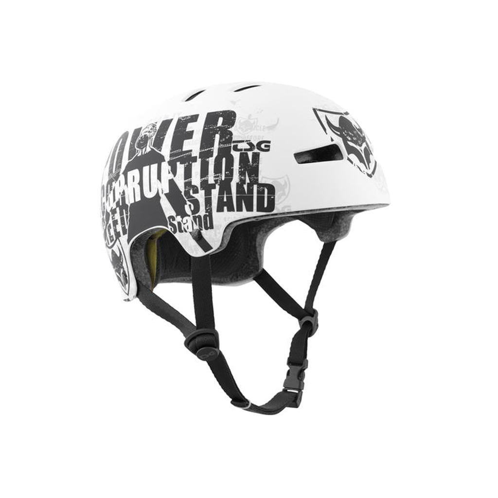 The TSG Evolution Helmet / Goldbeck Protest features black graffiti-style text and graphics, hardshell construction for high-impact protection, black adjustable chin straps, a fit system, and foam interior padding.